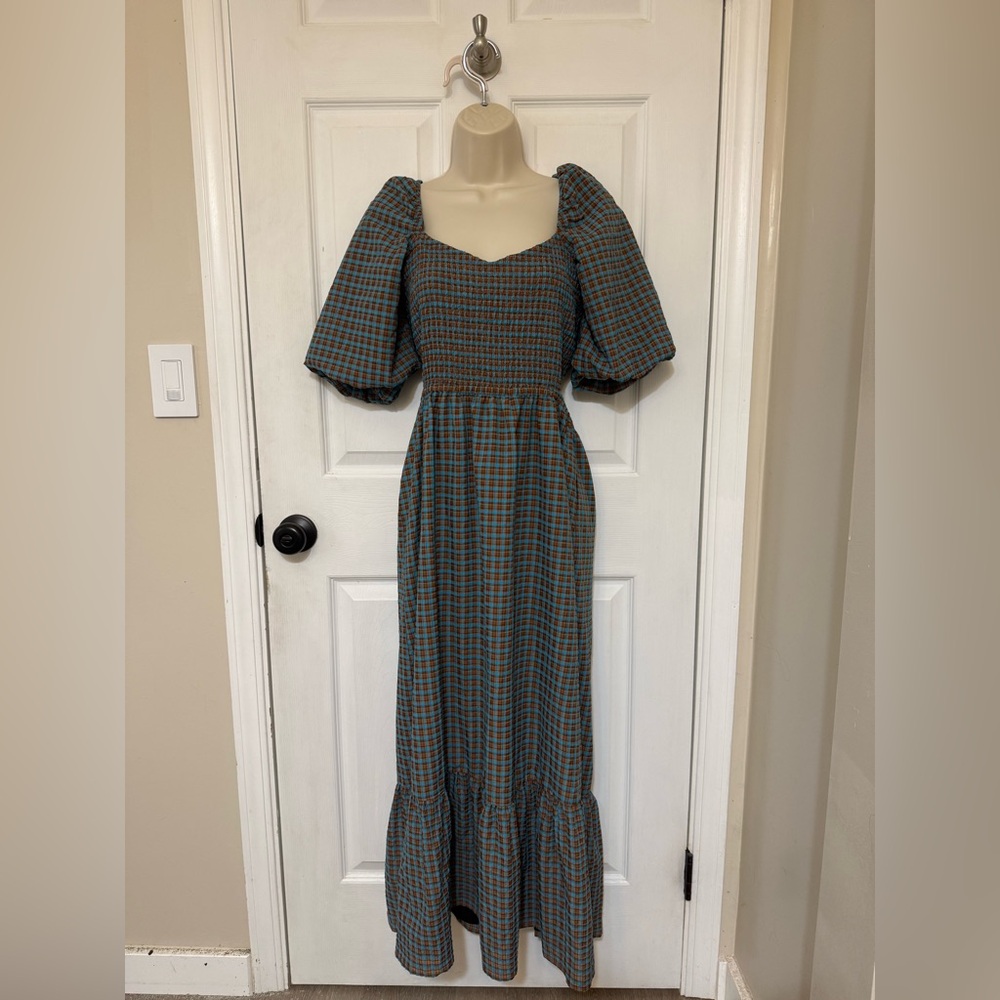 WAYF Plaid Smocked Puff Sleeve Maxi Dress Blue/Orange Size L - Picture 3 of 4
